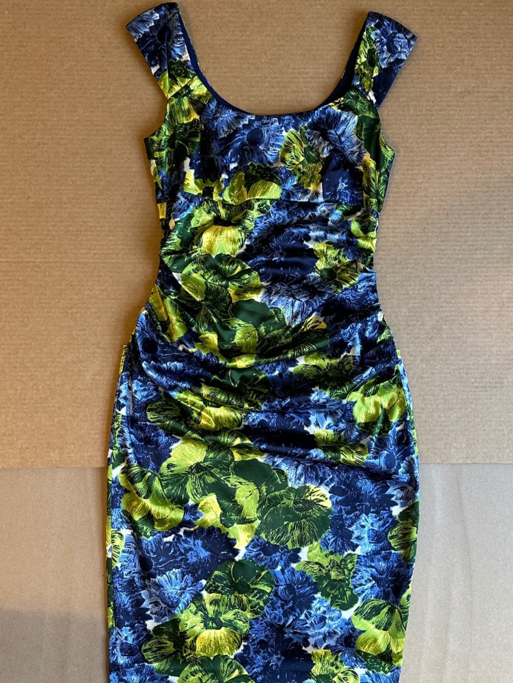 London Times Petites Blue Green Floral Ruched Sheath Bodycon Dress 6P